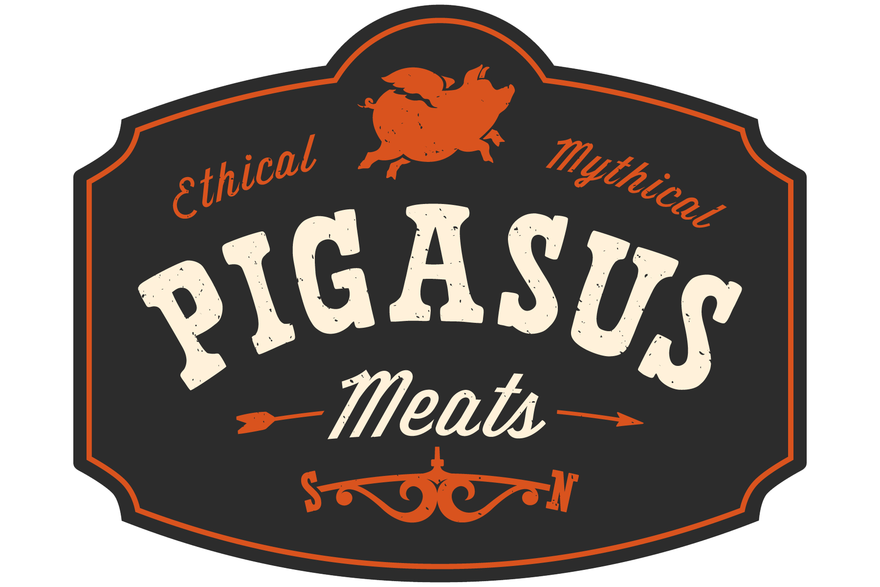 Logo for PIGASUS Meats, featuring a whimsical design with a flying pig, emphasizing ethical meat sourcing with a vintage style.