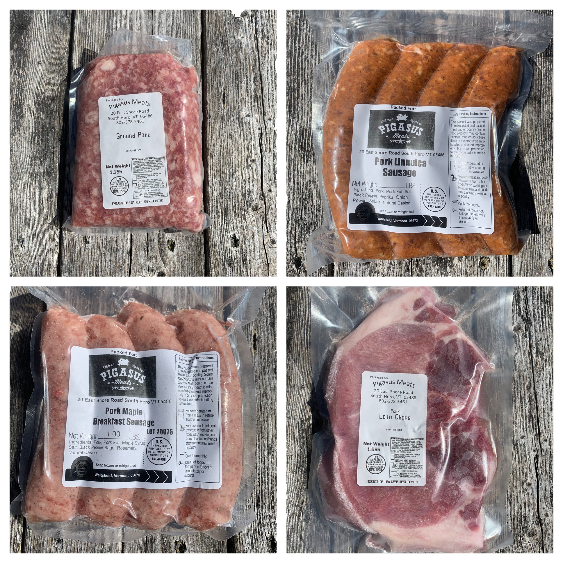 Assorted pork products from Pegasus Meats, including ground pork, pork linguica sausage, pork maple breakfast sausage, and pork loin chops, packaged for freshness and labeled with weight and handling instructions.